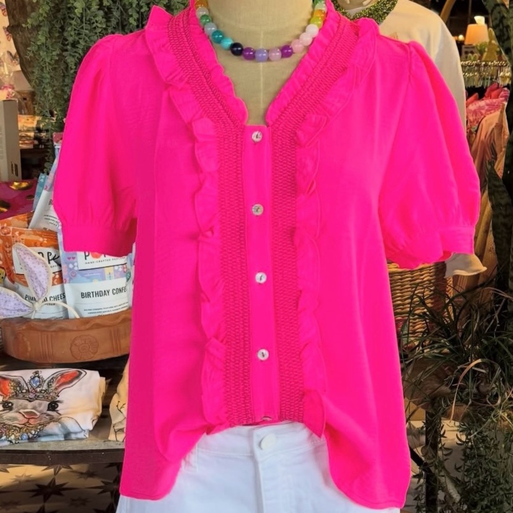 JODIFL Hot Pink Ruffle-Trim Short Sleeve Blouse
